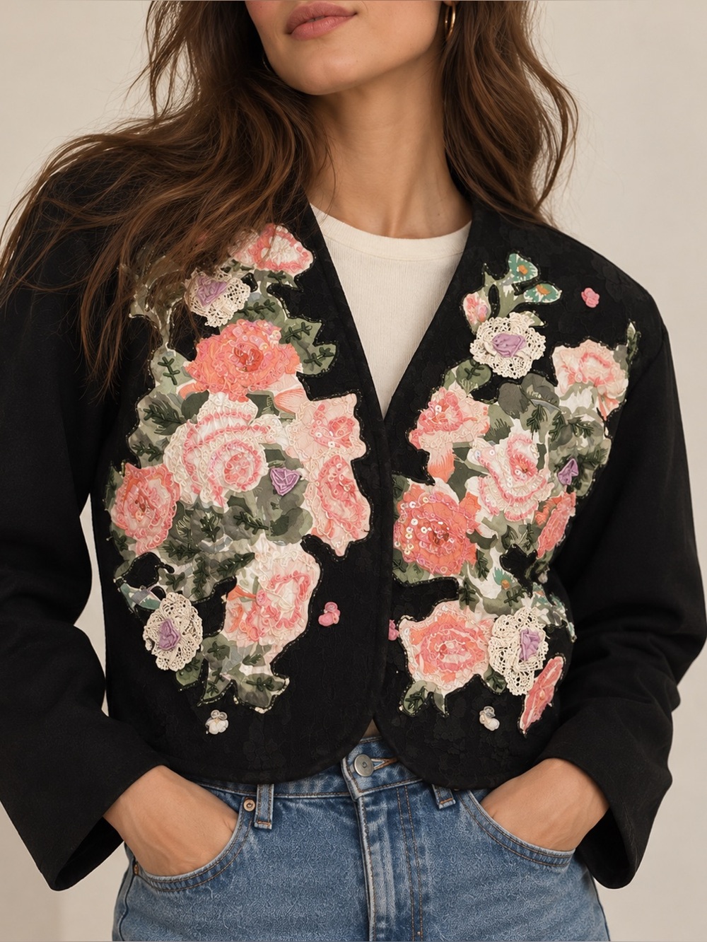JouJou Y2K Floral Appliqué Embellished Black Bolero Jacket SZ M